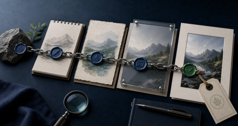 Creative materials are connected by a chain of seals that preserves a visible path from source to finished asset.