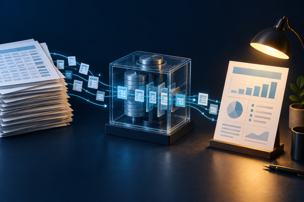 Conceptual illustration of spreadsheet records flowing through a glass analytical engine into a briefing sheet under a desk lamp.