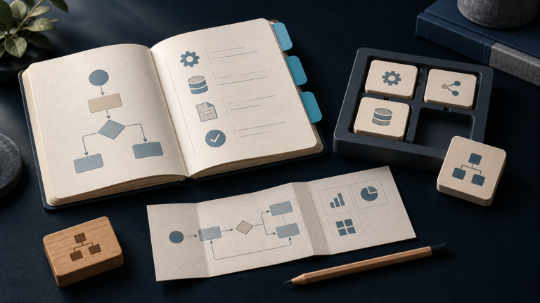 An open ivory workflow manual with cyan tabs sits beside reusable diagram tiles, a folded planning sheet and a pencil.
