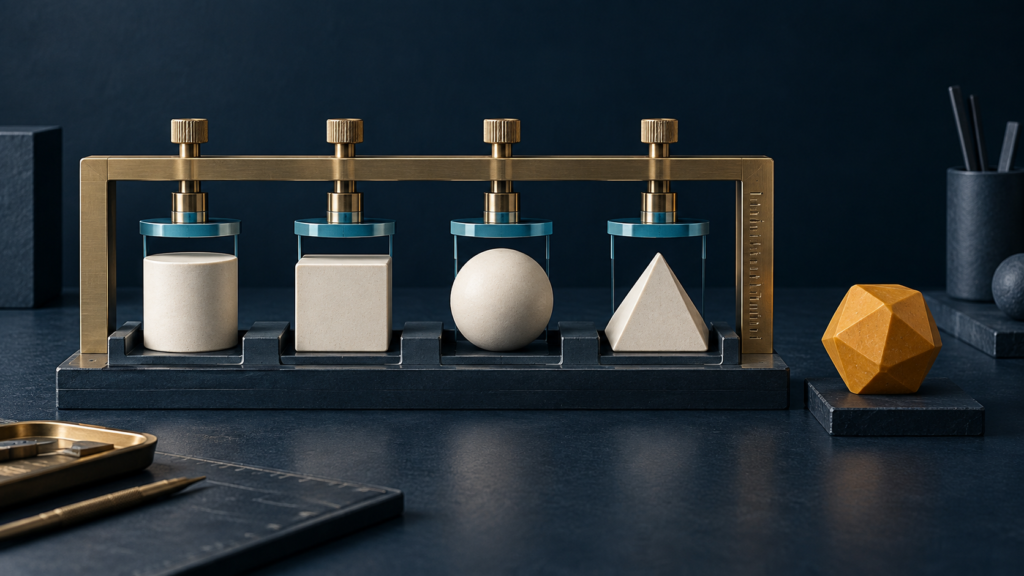 A brass and cyan measuring frame holds four ivory shapes while a mismatched amber shape sits to one side.