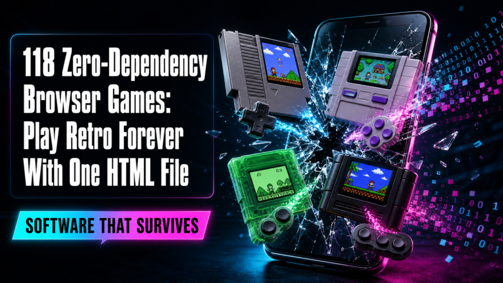 Split screen showing retro game running in browser on left, WebAssembly module diagram on right, with floating pixel art elements and dark blue background