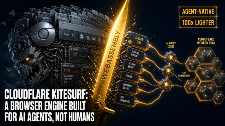 Split composition: left side shows massive Chromium browser consuming server resources with human UI elements; right side shows sleek WebAssembly module on Cloudflare Worker edge node with AI agent driving it via CDP. Floating between: golden 'AGENT-NATIVE' text. Dark background with cyan/orange accents.