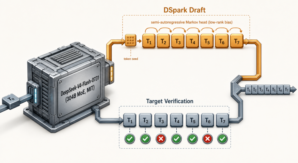 A technical illustration showing a single 304B MoE model checkpoint with an integrated DSpark speculative decoding module — the draft path (amber) branching from and returning to the same weights as the target path (steel), with block diffusion emitting 7-token blocks and a Markov head chaining left-to-right bias across positions