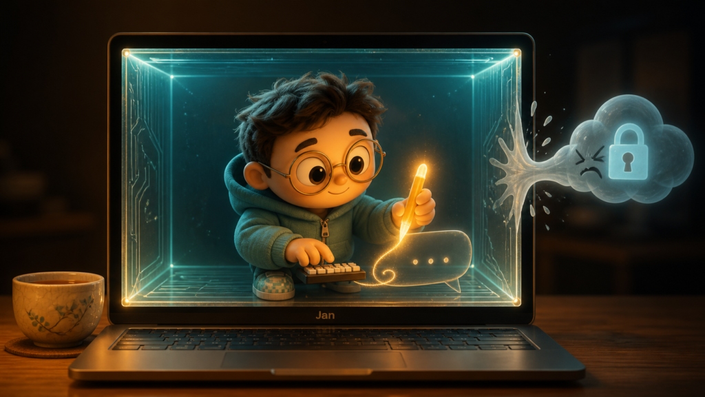 A polished desktop screen showing Jan ChatGPT-style interface with a local AI conversation in progress, model picker showing a downloaded Llama-style model, and warm desktop lighting conveying privacy and local control