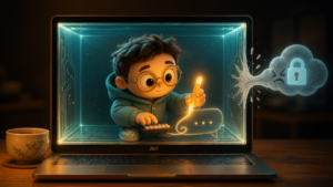 A polished desktop screen showing Jan ChatGPT-style interface with a local AI conversation in progress, model picker showing a downloaded Llama-style model, and warm desktop lighting conveying privacy and local control