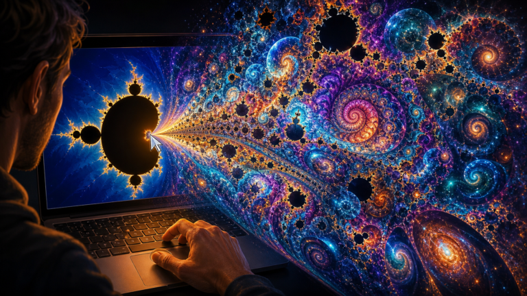 A person at a laptop smiling as a colorful Mandelbrot fractal glows on screen, with the zoomed-in detail visible and the cursor clicking to explore deeper